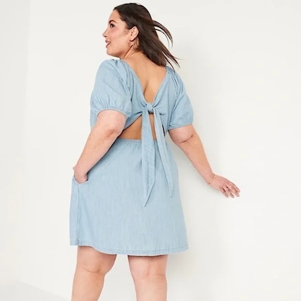 Puff-Sleeve Tie-Back Chambray Swing Dress
